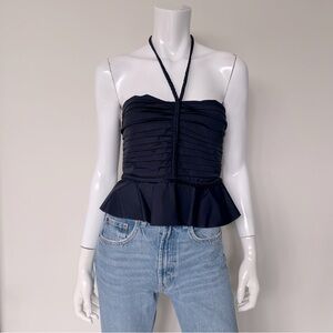 VERONICA BEARD Arienne Ruched Stretch-Cotton Poplin Halterneck Top in Da…